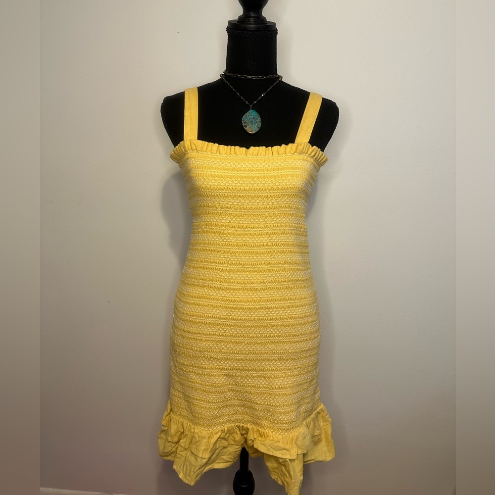 Yellow and White Shirred Ruffle Hem Fitted Dress